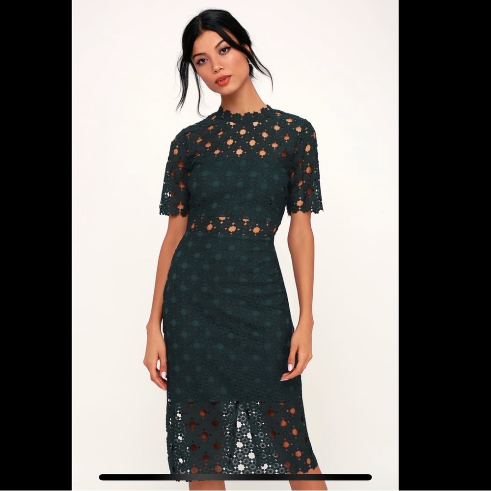 Lulus Heartfelt Dark Teal Green Lace Bodycon Midi Dress Large